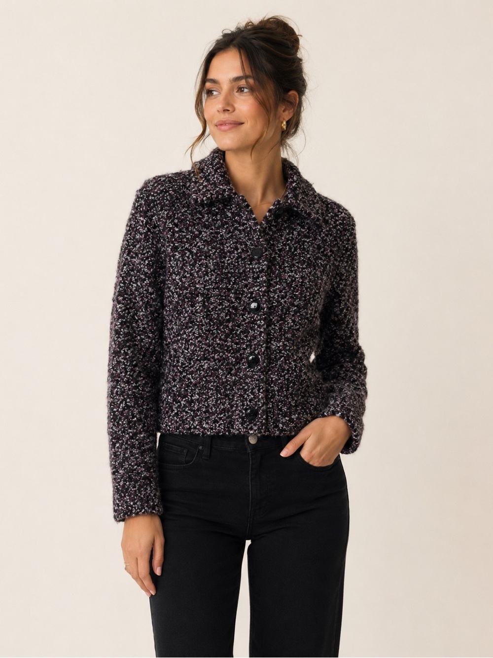 FIRST OPTION Bouclé Button-Front Blazer Jacket in Purple-Charcoal Mix, Medium